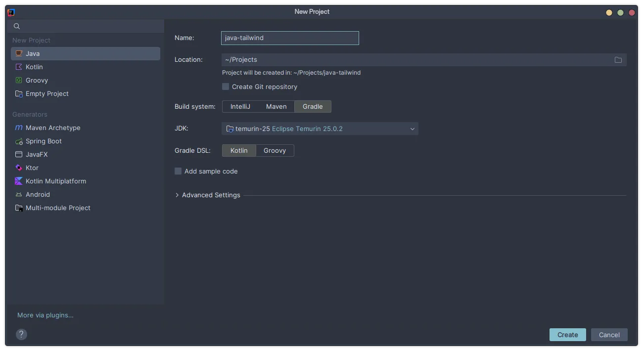 IntelliJ project setup - note the 'Build system' and 'Gradle DSL' options.